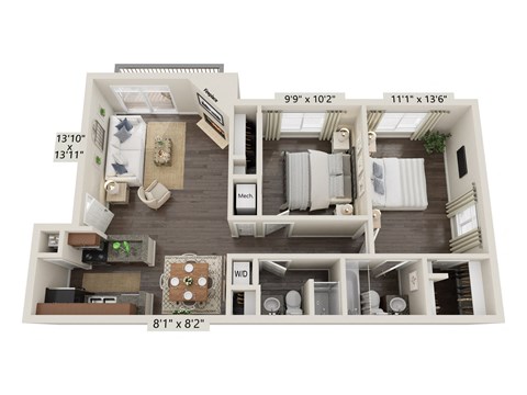 Floor plan for 2 beds, 2 baths, 850 sqft